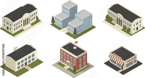 Isometric 3D illustration set of city buildings including schools offices banks and shops for urban architecture and infrastructure design
