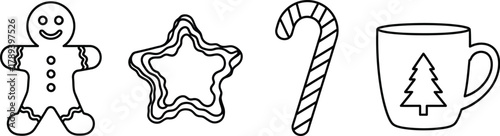 Festive christmas treats featuring a gingerbread man, star cookie, candy cane, and a mug with a christmas tree