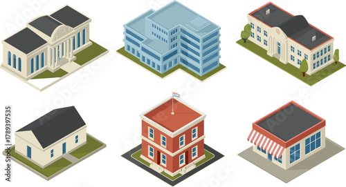 Isometric 3D illustration set of city buildings including schools offices banks and shops for urban architecture and infrastructure design
