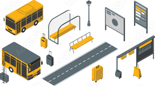 Isometric 3D illustration of modern city bus station with yellow buses road benches signs and luggage for transportation design