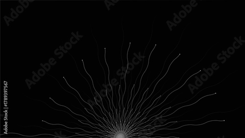 Dark graphic with subtle gray curving lines radiating upwards.