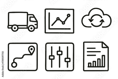 Doodle Logistics Icons. Logistics Dashboard outline icons: truck icon, analytics graph, cloud sync, delivery route, control panel, data report.