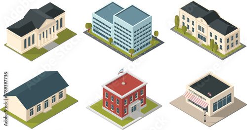 Isometric 3D illustration set of city buildings including schools offices banks and shops for urban architecture and infrastructure design