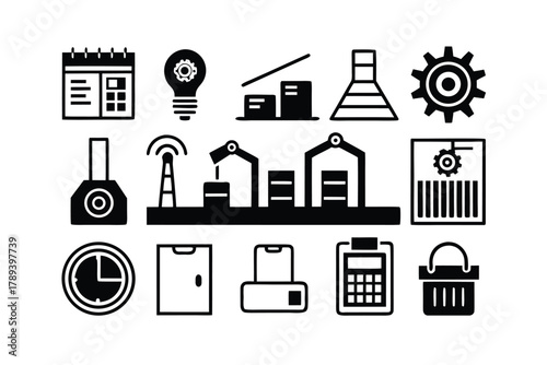 Set of solid black icons illustrating business and industrial concepts collection