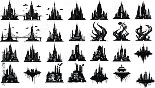 Futuristic cityscape silhouettes collection, sci-fi architecture design, modern skyline buildings, floating cities, cyberpunk metropolis, and advanced urban illustration