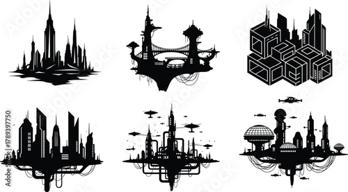 Futuristic floating city skyline silhouettes, sci-fi architecture, modern urban technology, advanced flying buildings, and future metropolis design illustration