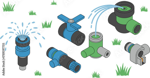 Isometric garden irrigation system illustration with sprinklers pipes and valves for lawn watering agriculture and landscape maintenance design