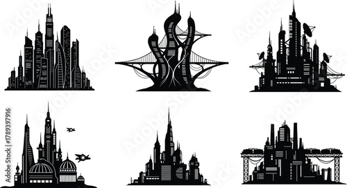 Futuristic city skyline silhouette set with modern skyscrapers, sci-fi buildings, advanced architecture, smart city concept, and future urban design