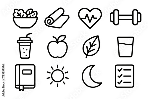 Wellness Icons Collection. Daily Wellness linear icon set: salad bowl, yoga mat, heart pulse, dumbbell, smoothie, apple, leaf, water glass, journal, sun, moon, checklist.