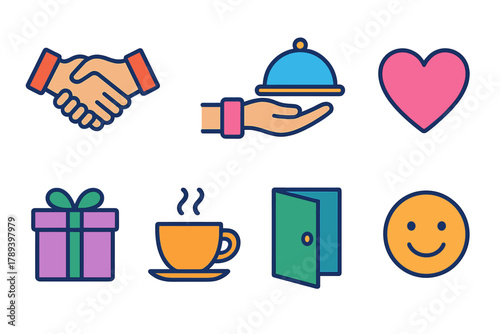 Modern Hospitality Icons. Hospitality flat icons: handshake, open hand, serving tray, heart symbol, gift box, coffee cup, welcoming door, smiling face