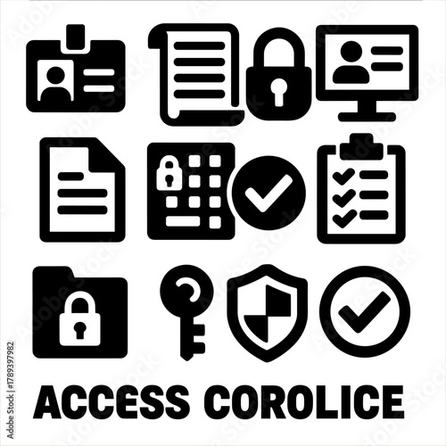 Access Control Icons. Access Policy silhouette icon set: ID badge, document scroll, secure lock, authorization form, policy paper, access control board, approval checkmark,