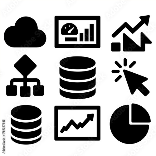 Brutalist Data Icons. Data Forecasting silhouette icon set: cloud, dashboard, chart, cursor, algorithm symbol, database, trend line, pie chart.