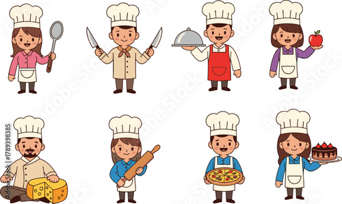 Cute cartoon chefs characters cooking different foods illustration, bakery and pizza maker, culinary team concept, professional kitchen vector art