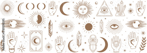 Mystical bohemian line art collection with celestial sun moon hands crystals and all seeing eye symbols for spiritual design