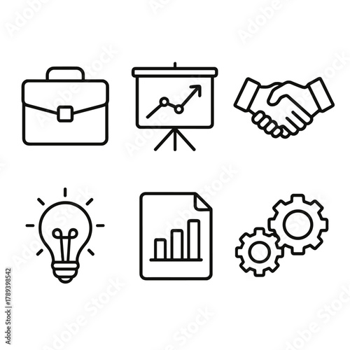 Business Icons Overview. Business understanding linear icon set: briefcase, chart board, handshake, light bulb, document chart, gears.