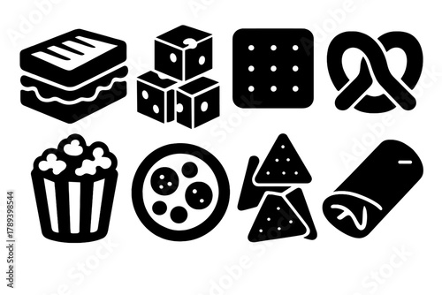 Bold Snack Icons. Savory Snacks silhouette icon set: sandwich, cheese cubes, crackers, pretzel, popcorn, mini pizza, nachos, spring roll.