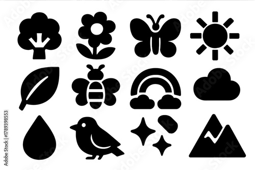 Nature Icons Collection. Nature Positivity silhouette icon set: tree, flower, butterfly, sun, leaf, bee, rainbow, cloud, water drop, bird, sparkle, mountain.