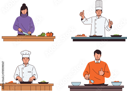 People and chefs cooking food in kitchen, modern culinary illustration, professional and home cooking concept, restaurant teamwork, food preparation