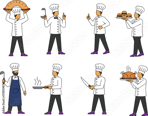 Cartoon chefs cooking, holding food and kitchen tools, professional restaurant staff illustration, culinary art concept, food preparation teamwork, vector design