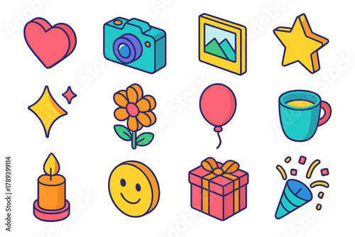 Vibrant Icon Array. Precious Moments modern flat icons set: heart, camera, photo frame, star, sparkle, flower, balloon, cup, candle, smile face, gift, confetti.