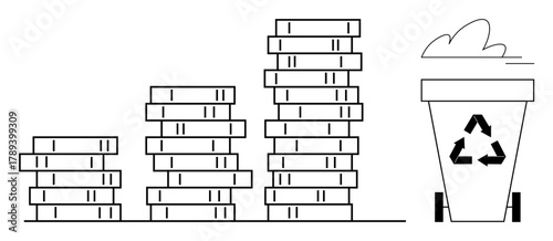 Coin stacks increasing in size leading to a recycling waste bin, symbolizing sustainable wealth, environmental responsibility, and financial progress. Ideal for economy, ecology, savings, investment