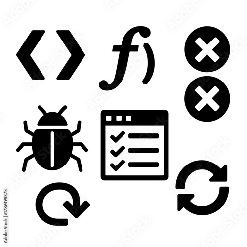 Brutalist Icon Set. Unit Testing silhouette icon set: code brackets, test function, pass/fail indicator, debug icon, test results window, loop symbol.