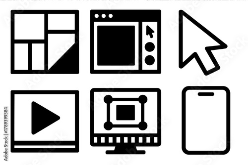 Brutalist UI Icon Set. Creative UI Design silhouette icon set: moodboard, design tool window, vector cursor, preview screen, animation frame, mockup device.