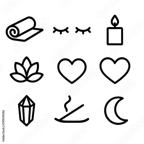 Meditation Icon Collection. Calm Meditation Icons linear icon set: yoga mat, closed eyes, candle, heart, flower, crystal, incense stick, moon.