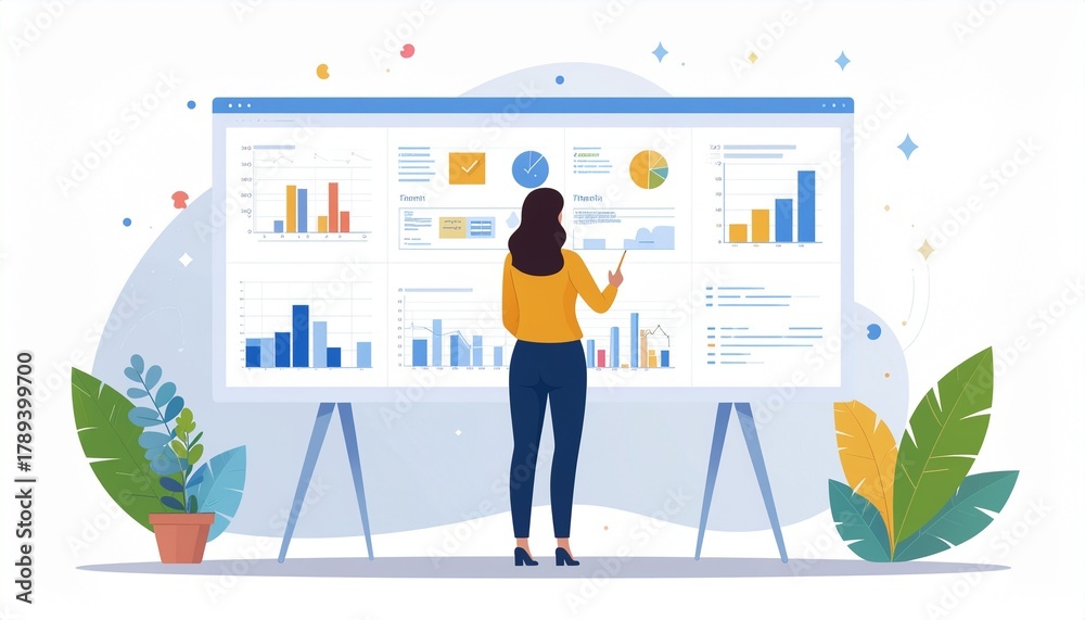 Obraz premium Illustration of a woman presenting data on a large screen with graphs and charts, standing between two plants with a colorful and modern aesthetic.