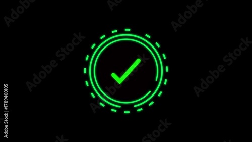 Green neon circular loading or progress indicator on animation black background circle. Animated neon green circular progress bar, black background, glowing loading indicator, digital interface.