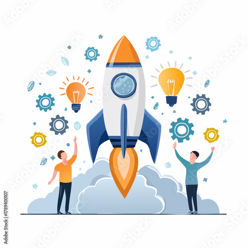 Illustration of two men launching a rocket with lightbulbs and gears around it on a white background with a creative and innovative mood.