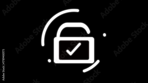 Animation White outline of a padlock with abstract circular elements on black background security protection. Digital animation of white padlock outline, abstract circular motifs,secure technology