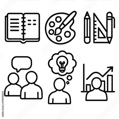 Creative Design Tools. Creative Training linear icon set: sketchbook, color palette, design tools, mentor guidance, brainstorming, improvement chart.