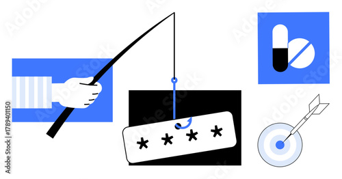 Hand with fishing rod hooking a password, pills icon, and dart hitting bullseye. Ideal for cybersecurity, hacking risks, digital fraud, vigilance, caution online privacy and awareness. Simple flat