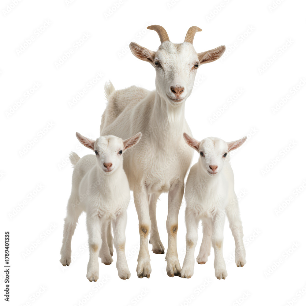 Fototapeta premium Captivating portrait of a goat family, showcasing maternal care and familial bonds in nature