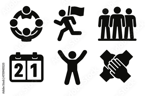 Brutalist Team Icons. Team Competition silhouette icon set: teamwork circle, flag race, group challenge, scoreboard, victory pose, unity gesture.