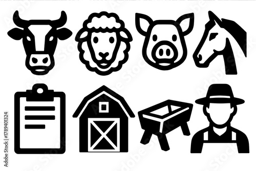 Animal Husbandry Icons. Animal Husbandry silhouette icon set: cow, sheep, pig, horse, clipboard, barn, trough, farmer.