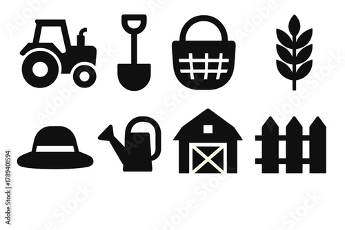 Brutalist Farm Icons. Farming Lifestyle silhouette icon set: tractor, shovel, basket, wheat, hat, watering can, barn, fence.
