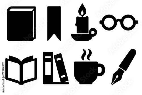 Brutalist Literary Icons. Literary Hobby Set silhouette icon set: novel, bookmark, candle, eyeglasses, coffee cup, open pages, bookshelf, pen.