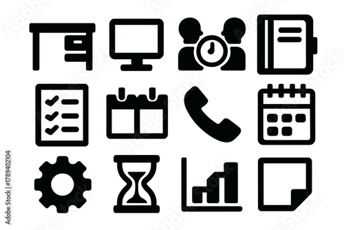 Brutalist Work Icons. Work Time Blocking silhouette icon set: office desk, monitor, meeting clock, planner book, checklist, calendar blocks, phone, notepad, gear, hourglass,