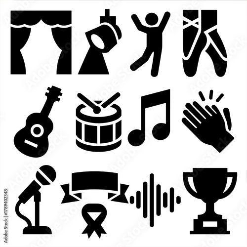 Brutalist Performance Icons. Stage Performance silhouette icon set: stage curtains, spotlight, performer, ballet shoes, guitar, drum, music note, clapping hands, microphone stand,