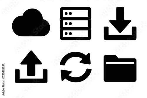 Brutalist Cloud Icons. Cloud Services silhouette icon set: cloud icon, data server, upload arrow, download arrow, synchronization symbol, storage folder.