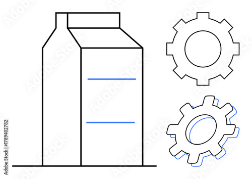 Minimalist carton packaging with two gears signifies innovation, automation, and production integration. Ideal for manufacturing, engineering, packaging, sustainability, efficiency, logistics