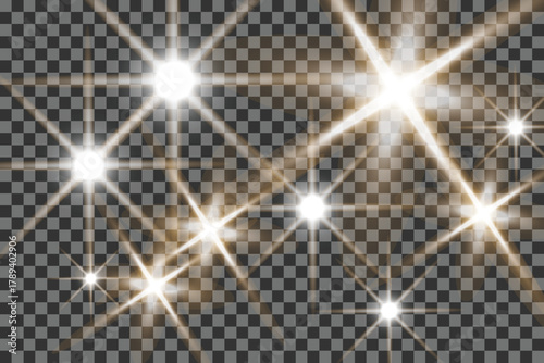 Collection of realistic light effects shining stars with sparkles and lens flares vector illustration isolated on transparent background EPS vector