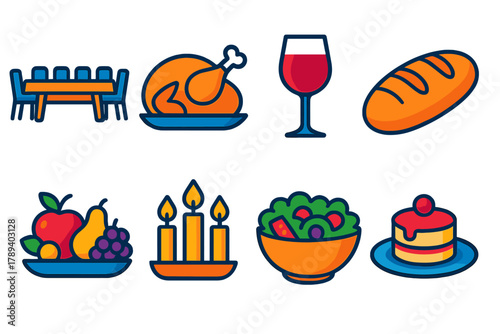 Modern Banquet Icons. Banquet flat icons: long dining table, roasted turkey, wine glass, bread loaf, fruit platter, candle centerpiece, salad bowl, dessert plate