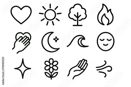 Emotional Icons Collection. Emotional Self-Esteem linear icon set: heart, sunbeam, tree, flame, hand on chest, moon, wave, calm face, sparkle, flower, open palm, breath line. , .