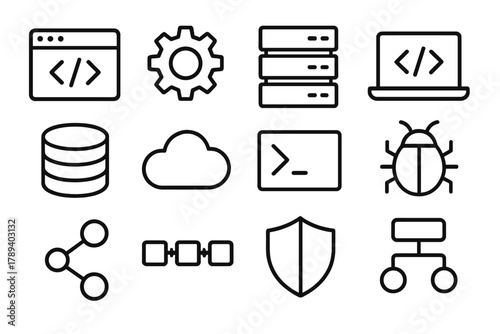 Tech Icon Montage. Software Development linear icon set: code window, gear icon, server rack, laptop screen, database stack, cloud icon, terminal, bug icon, version control, build