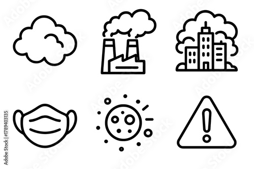 Pollution Icons Grid. Polluted Atmosphere linear icon set: smoke cloud, factory emission, smog city, mask icon, dust particle, warning sign.