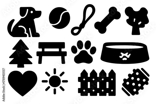 Dog Park Icons. Dog Park Fun silhouette icon set: dog, ball, leash, bone, tree, bench, paw print, water bowl, heart, sun, fence, toy.
