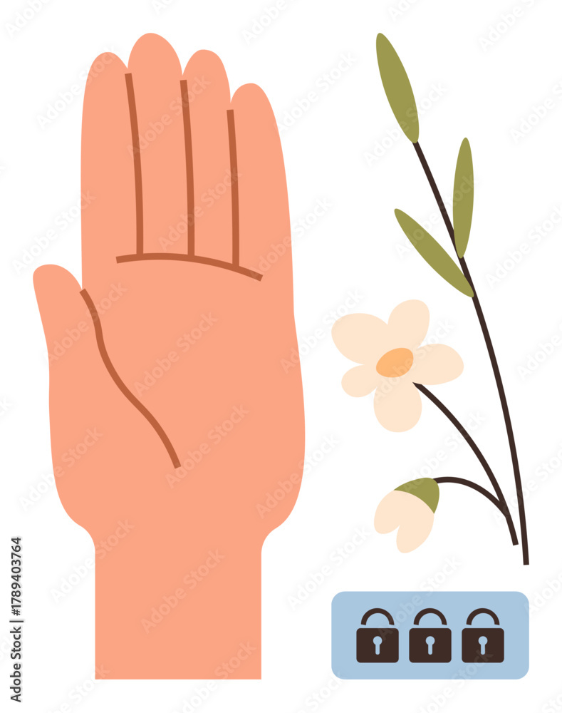 Obraz premium Raised hand alongside flowering branch and three closed padlocks. Ideal for security, trust, responsibility, growth, mindfulness, nature, and protection themes. A simple flat metaphor